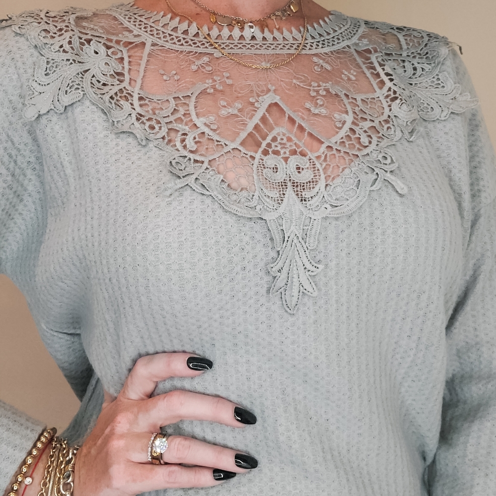 Gray Lace Waffle Knit Long Sleeve Sweater